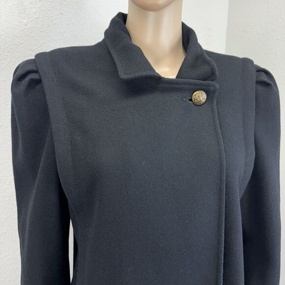 VTG 80s Michelle Francois Black Wool Long DoubleBreast Trench Coat Money Staple - Picture 3 of 14